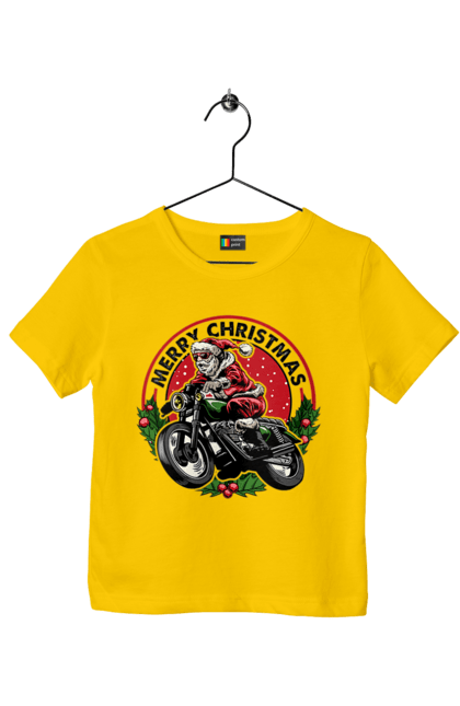 Футболка дитяча з принтом "Щасливого Різдва, дід мороз на мотоциклі". 2022, дід мороз, зима, мотоцикл, новий рік, подарунки, різдво, санта, сніг. 2070702