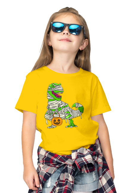 Children's t-shirt with prints Halloween Dinosaur. Costume, dinosaur, halloween, holiday, october, october 31, pumpkin, sweets, trick or treat. 2070702