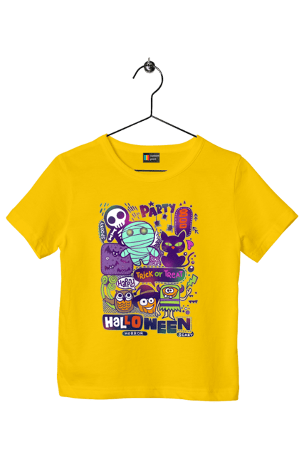 Children's t-shirt with prints Halloween Trick or Treat. Costume, ghost, halloween, holiday, october, october 31, pumpkin, skeleton, sweets, trick or treat. 2070702