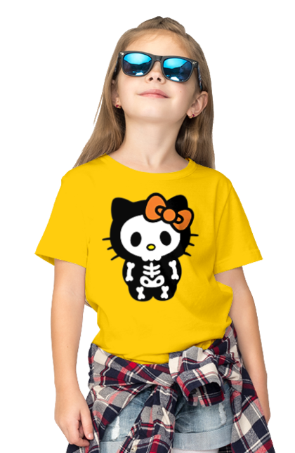 Футболка детская с принтом Хелло Китти Хэллоуин. Halloween, hello kitty, zombie, бренд, зомби, котенок, персонаж, скелет, хелло китти, хэллоуин. 2070702