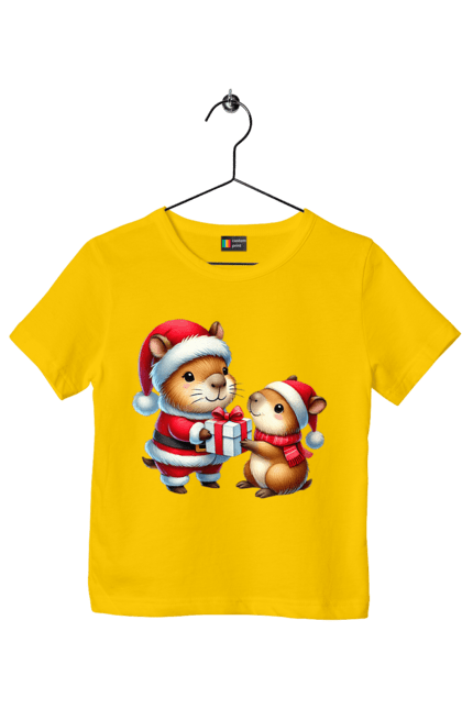 Children's t-shirt with prints Christmas Capybara with a Gift. Animal, capybara, christmas, christmas capybara, gift, holiday, new year, new year`s gift, santa. 2070702