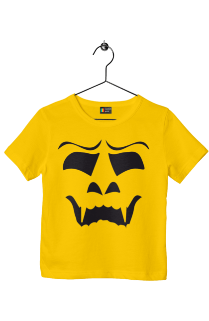 Children's t-shirt with prints Halloween pumpkin face. Costume, halloween, holiday, october, october 31, pumpkin, scary, sweets, trick or treat. 2070702