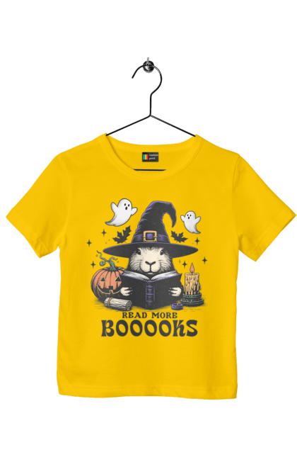 Children's t-shirt with prints Capybara Halloween. Animal, capybara, ghost, halloween, holiday, moon, pumpkin, rodent, witch. 2070702