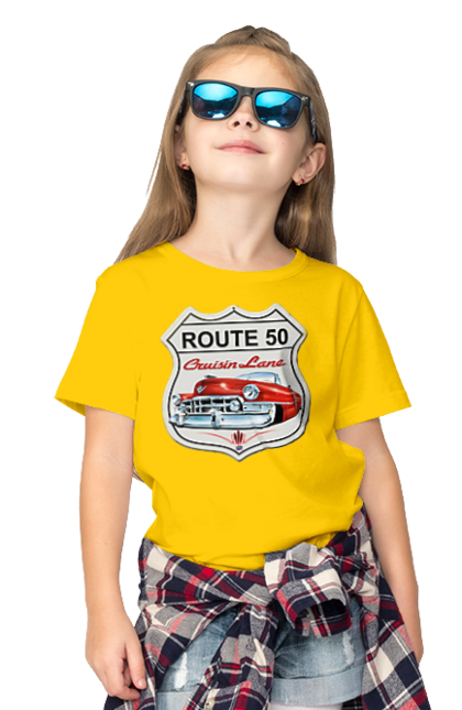 Children's t-shirt with prints Route 50. Bike, biker, biker club, bikers club, brother, brutal, dude, hot asphalt, hot horse, hot rod, motorcycle, motorcyclist, real man, road 50, road 66, road 80, roads of america, roads of ukraine, roads we choose, speed, take, thirst for speed. 2070702