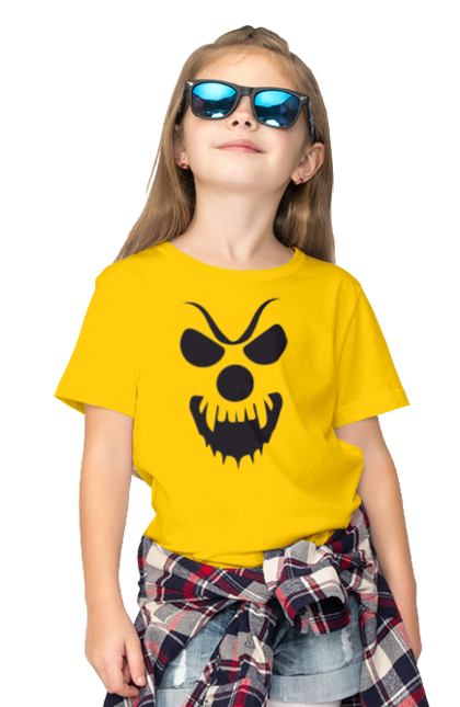 Children's t-shirt with prints Halloween pumpkin face. Costume, halloween, holiday, october, october 31, pumpkin, scary, sweets, trick or treat. 2070702