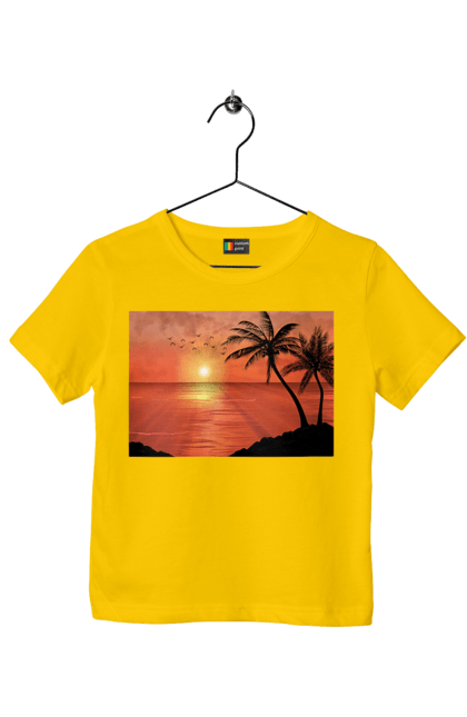 Футболка дитяча з принтом "Захід Пальми Море". Берег, захід, море, пальми. 2070702