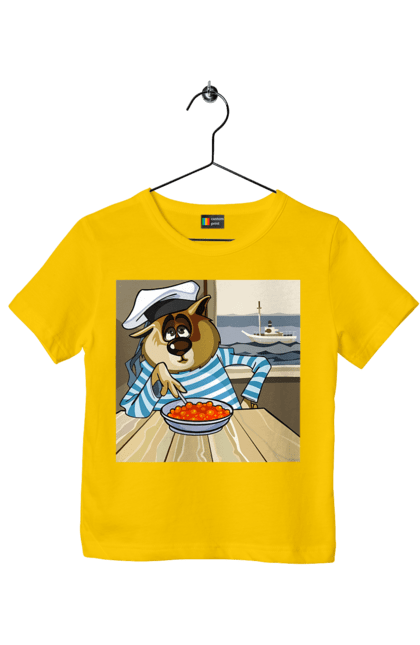 Children's t-shirt with prints Cat Sailor, On The Ship Eats Red Caviar. Cat, caviar, sailor, ship. 2070702