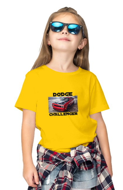 Children's t-shirt with prints Dodge challenger. An american legend, auto, car, classic car, cult car, dodge challenger, oil car, powerful car. 2070702