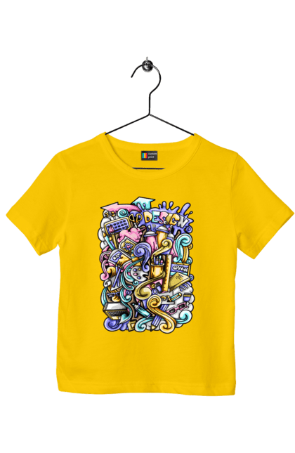 Children's t-shirt with prints School of learning. Calculator, copybook, office, pen, pencil, school, teaching. 2070702