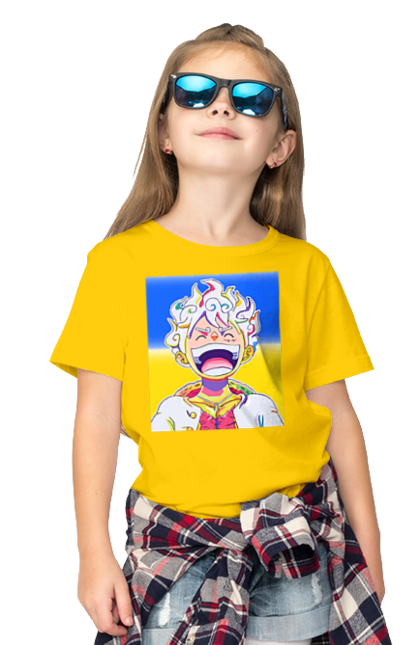 Children's t-shirt with prints Monkey D Luffy laughing on a yellow blue background. Flag of ukraine, luffy, monkey d luffy, one piece, symbol of ukraine, ukraine. 2070702