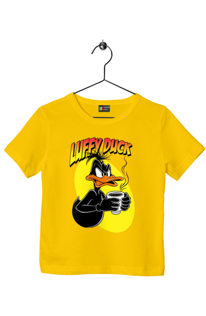 Футболка детская с принтом Даффи Дак. Daffy duck, looney tunes, merrie melodies, warner brothers, даффи дак, мультфильм, персонаж, утка, утка даффи. 2070702