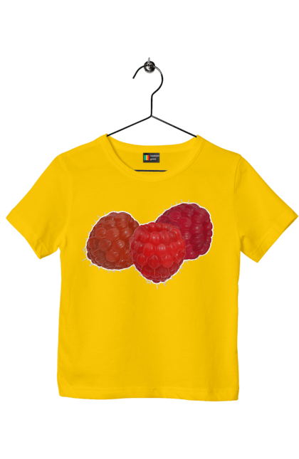 Children's t-shirt with prints Raspberry. Berry, delicacy, diet, fetus, food, raspberries, red, ripe, summer, tasty, vegan, vegetarian. 2070702