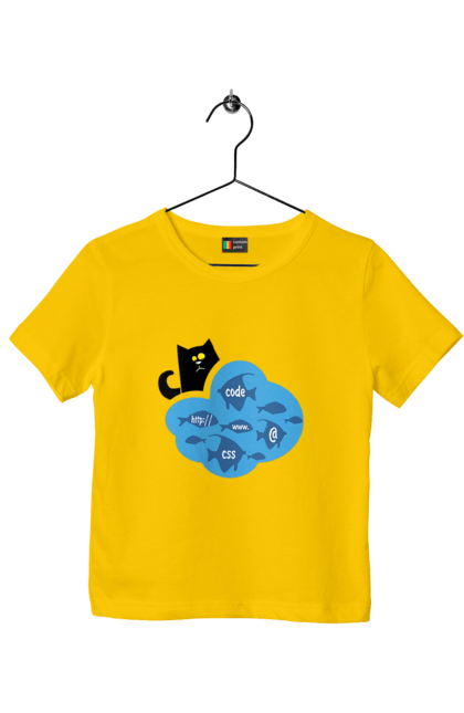 Футболка дитяча з принтом "Кіт програміст". Angular, c, css, html, it, javascript, jquery, php, python, react, svelt, vue, айтишник, айті, гумор, код, кодувати, прогер, програміст, програмісти, ти ж, ти ж програміст, тиж програміст. 2070702