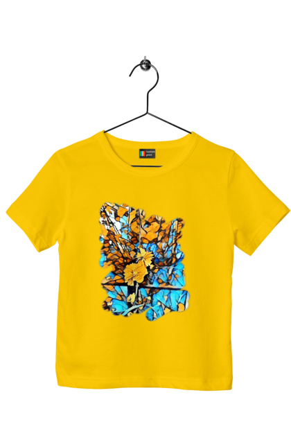 Children's t-shirt with prints Yellow flowers on a blue background. Art, blue and yellow, blue yellow, drawing, flowers, nature, yellow and blue, yellow blue, yellow flowers. 2070702