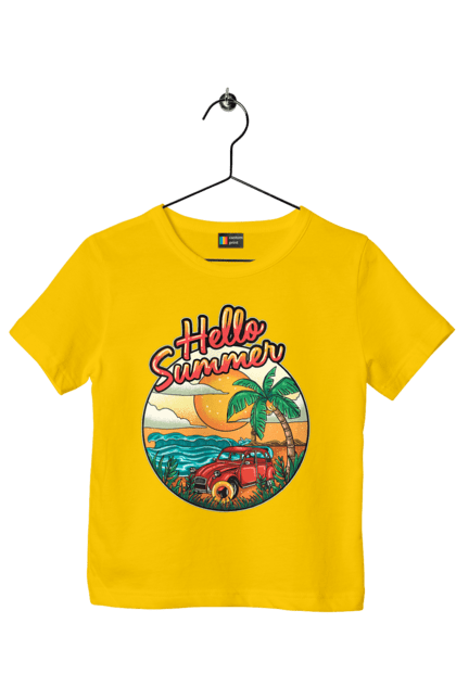 Футболка дитяча з принтом "Привіт Літо, Машина Біля Моря". Літо, машина, острів, пальма, пляж. 2070702