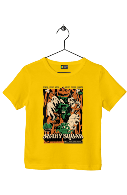 Children's t-shirt with prints Halloween Scary Squad. Costume, ghost, halloween, holiday, october, october 31, pumpkin, skeleton, sweets, trick or treat. 2070702