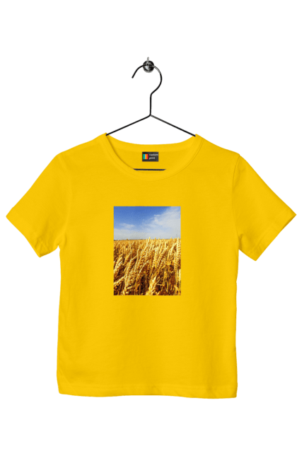 Children's t-shirt with prints Ukraine. Beauty, blue, field, nature, sky, wheat. 2070702