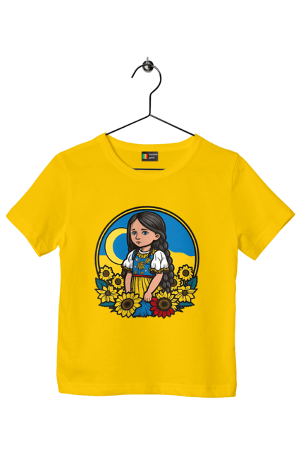 Футболка дитяча з принтом "Мила Українська дівчинка". Блакитний, жовтий, жовто-блакитний, зроблено в україні, патріот, патріоти україни, підтримую україну, прапор україни, україна, українська дівчинка. 2070702