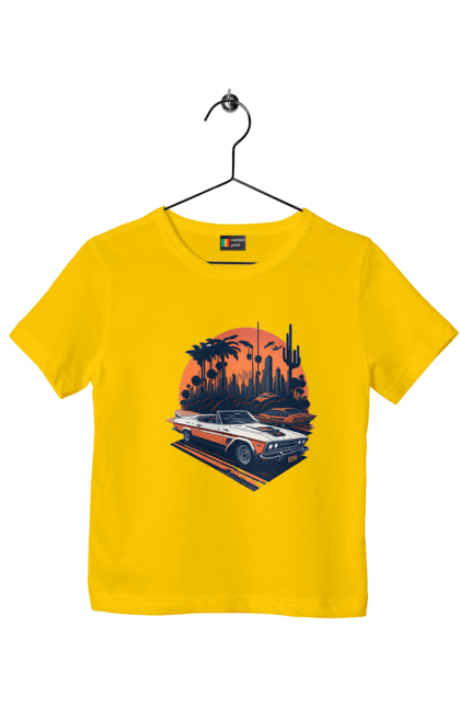 Children's t-shirt with prints Beautiful car at sunset. Auto, sun, sunset. 2070702