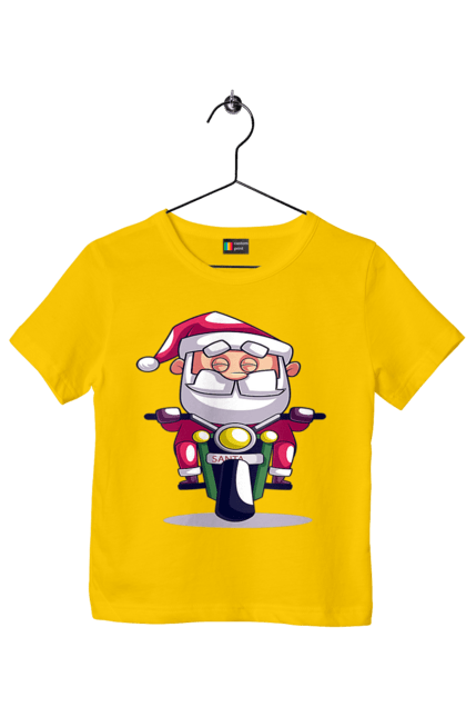 Футболка дитяча з принтом "Щасливий Санта на мотоциклі". 2022, дід мороз, зима, мотоцикл, новий рік, різдво, санта, сніг. 2070702