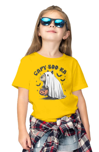 Children's t-shirt with prints Capybara Halloween. Animal, capybara, ghost, halloween, holiday, moon, pumpkin, rodent. 2070702