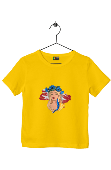 Children's t-shirt with prints Girl on the map of Ukraine. Blue, flag, flowers, girl, girl on the map, map of ukraine, red, ukraine, yellow. 2070702