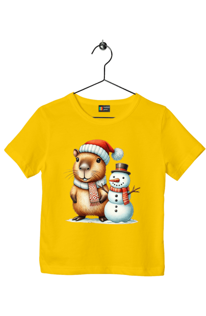 Children's t-shirt with prints Capybara and Snowman. Animal, capybara, christmas, christmas capybara, gift, holiday, new year, new year`s gift, santa, snowman. 2070702