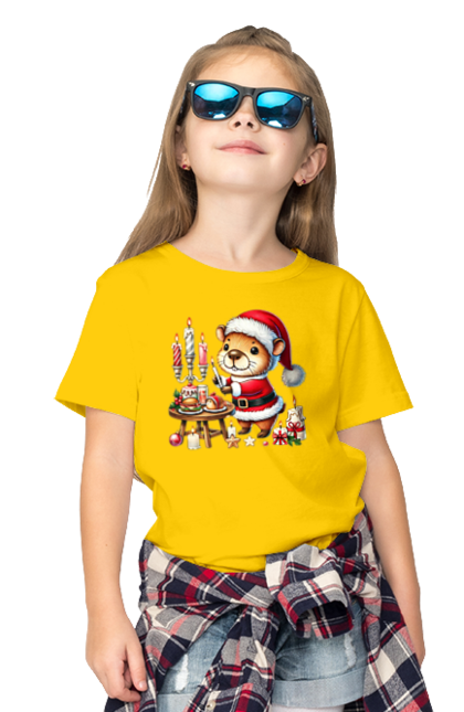 Children's t-shirt with prints Capybara and Christmas Dinner. Animal, capybara, christmas, christmas capybara, christmas dinner, gift, holiday, new year, new year`s gift, santa. 2070702