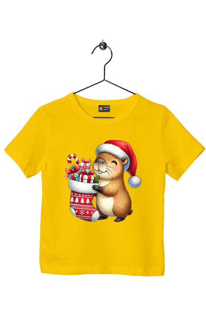 Children's t-shirt with prints Christmas Capybara with a Gift. Animal, capybara, christmas, christmas capybara, gift, holiday, new year, new year`s gift, santa. 2070702