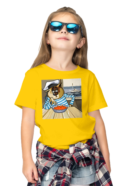 Children's t-shirt with prints Cat Sailor, On The Ship Eats Red Caviar. Cat, caviar, sailor, ship. 2070702