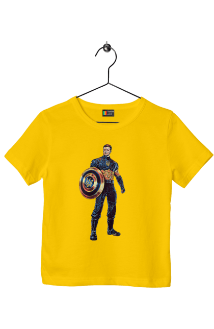 Футболка дитяча з принтом "Капітан Україна Зеленський арт". Володимир зеленський, зеленський, капітан америка, капітан україна, україна. 2070702