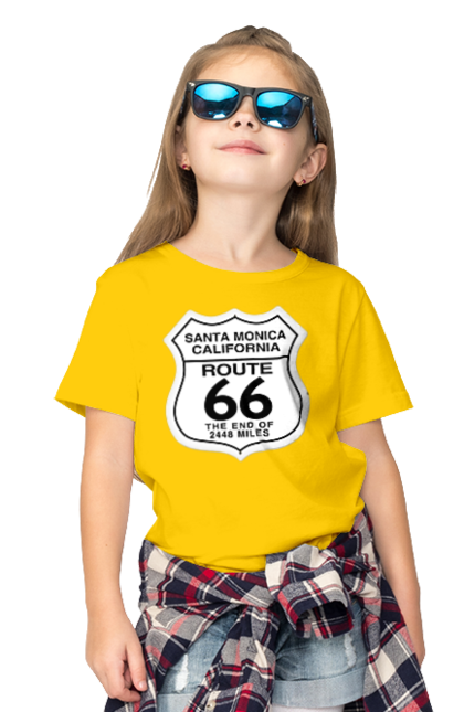 Children's t-shirt with prints Route 66. Bike, biker, biker club, bikers club, brother, brutal, dude, hot asphalt, hot horse, hot rod, motorcycle, motorcyclist, real man, road 50, road 66, road 80, roads of america, roads of ukraine, roads we choose, speed, take, thirst for speed. 2070702