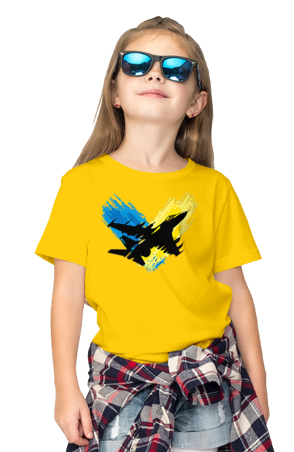 Футболка дитяча з принтом "Літак F 16". З прапором, зсу, літак, літак f16, патріотична, прапор, ф16. 2070702