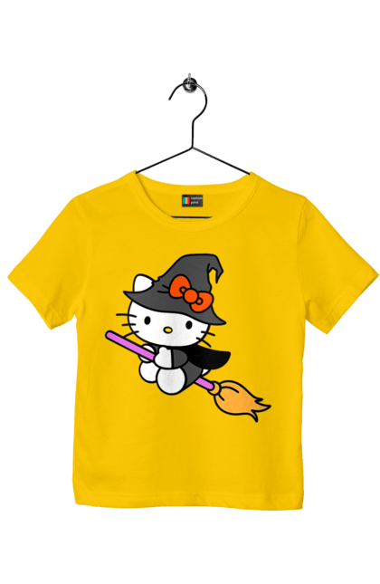 Футболка детская с принтом Хелло Китти Хэллоуин. Halloween, hello kitty, witch, бренд, ведьма, кот, котенок, персонаж, хелло китти, хэллоуин. 2070702