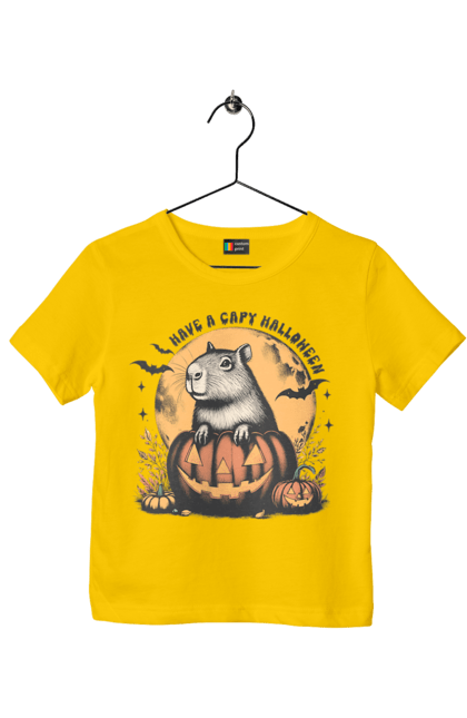 Children's t-shirt with prints Capybara Halloween. Animal, capybara, halloween, holiday, moon, pumpkin, rodent. 2070702