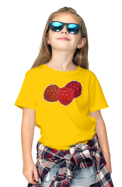 Children's t-shirt with prints Raspberry. Berry, delicacy, diet, fetus, food, raspberries, red, ripe, summer, tasty, vegan, vegetarian. 2070702