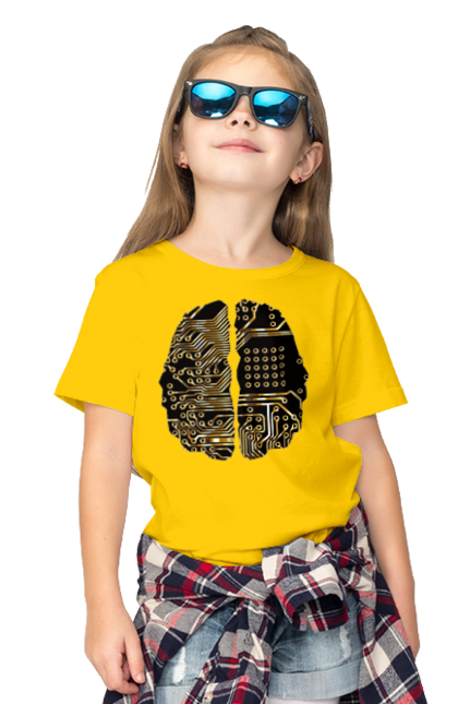 Children's t-shirt with prints It Brain. Brain, chip, code, comp, computer, crystal, cyber, cybernetics, cyborg, developer, engineer, geek, gold, golden, it, it specialist, knowledge, mind, printed circuit board, profession, professional, programmer. 2070702