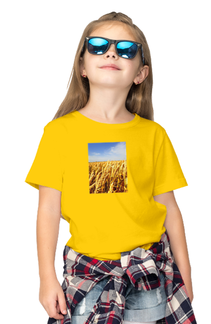 Children's t-shirt with prints Ukraine. Beauty, blue, field, nature, sky, wheat. 2070702