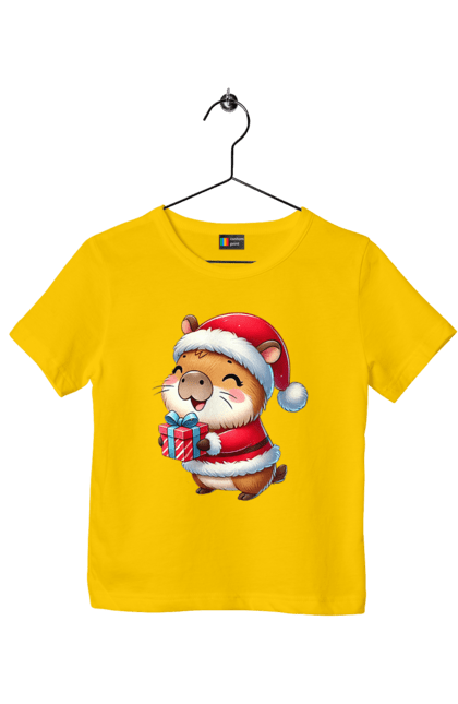 Children's t-shirt with prints Christmas Capybara with a Gift. Animal, capybara, christmas, christmas capybara, gift, holiday, new year, new year`s gift, santa. 2070702