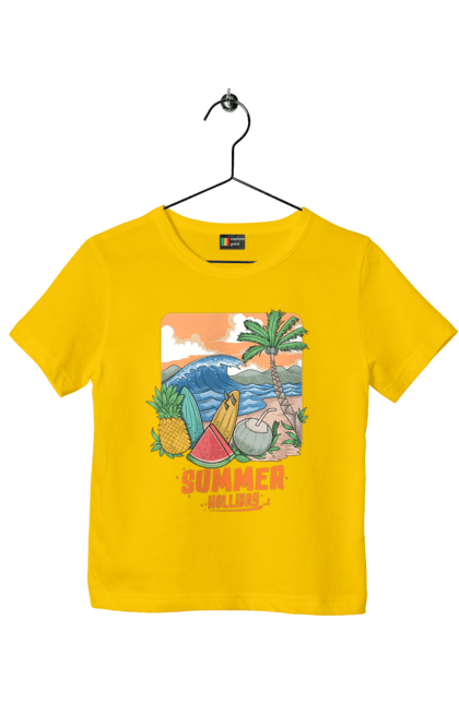 Футболка дитяча з принтом "Літні Свята". Ананас, літо, море, пальма, хвилі. 2070702