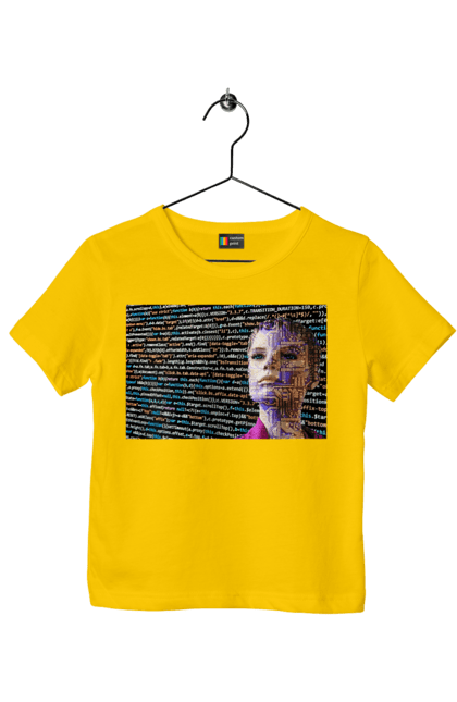Children's t-shirt with prints Artificial Intelligence. Artificial intelligence, brain, chip, code, come on, comp, computer, computer, crystal, cyber, cybernetics, cyborg, developer, engineer, geek, glows, hacker, intelligence, intelligence, it, it specialist, knowledge, light, luminous, machine learning, microcircuit, mind, portrait, profession, professional, programmer, woman. 2070702