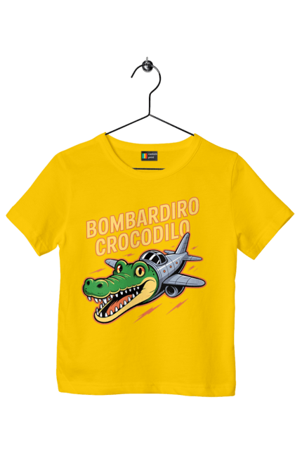 Футболка дитяча з принтом "Bombardino Crocodilo". Bombardino, bombardino crocodilo, crocodilo, бомбардиро крокодило, бомбардіно крокоділо, крокодил, крокодил літак, крокодил мем, мем бомбардине крокодило, меми. 2070702