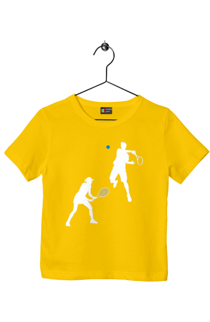 Футболка детская с принтом Теннис. Большой теннис, грунт, игроки, мяч, призовой фонд, ракетка, спонсор, турнир на грунте, турнирная сетка, хард. 2070702