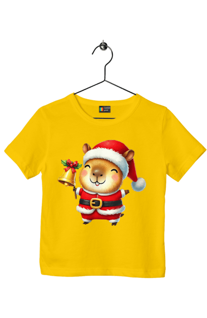 Children's t-shirt with prints Funny capybara with a bell. Animal, bell, capybara, christmas, christmas capybara, gift, holiday, new year, new year`s gift, santa. 2070702