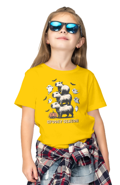 Children's t-shirt with prints Capybara Halloween. Animal, capybara, ghost, halloween, holiday, moon, pumpkin, rodent. 2070702