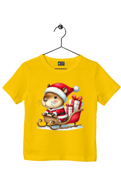 Children's t-shirt with prints Christmas Capybara with a Gift. Animal, capybara, christmas, christmas capybara, gift, holiday, new year, new year`s gift, santa. 2070702