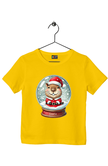 Children's t-shirt with prints Capybara in a snow globe. Animal, capybara, christmas, christmas capybara, gift, holiday, new year, new year`s gift, santa, snow globe. 2070702