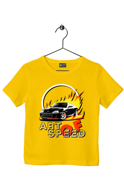 Children's t-shirt with prints Car on fire. Auto, car on fire, drift, race, speed, sport, sports car. 2070702
