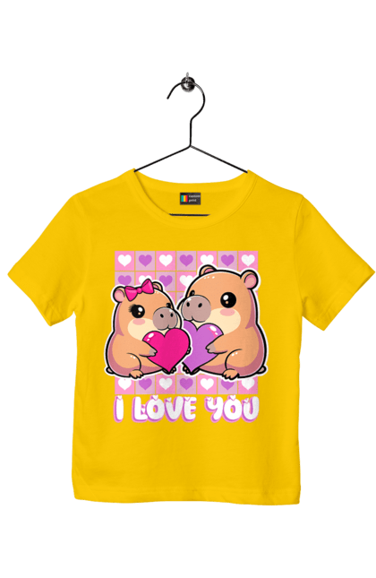 Футболка дитяча з принтом "Закохана капібара". I love you, валентинка, день святого валентина, капибара, кохання, милі тварини, пара капібар, романтика, романтичний подарунок, серця. 2070702