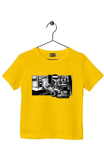 Children's t-shirt with prints Dangerous Car on the roads of the streets. Black and white, car, dangerous, fast, machine, race. 2070702